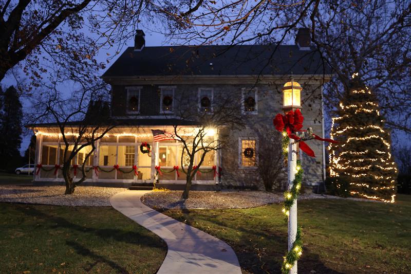 The historic Finley House decorated for Christmas.