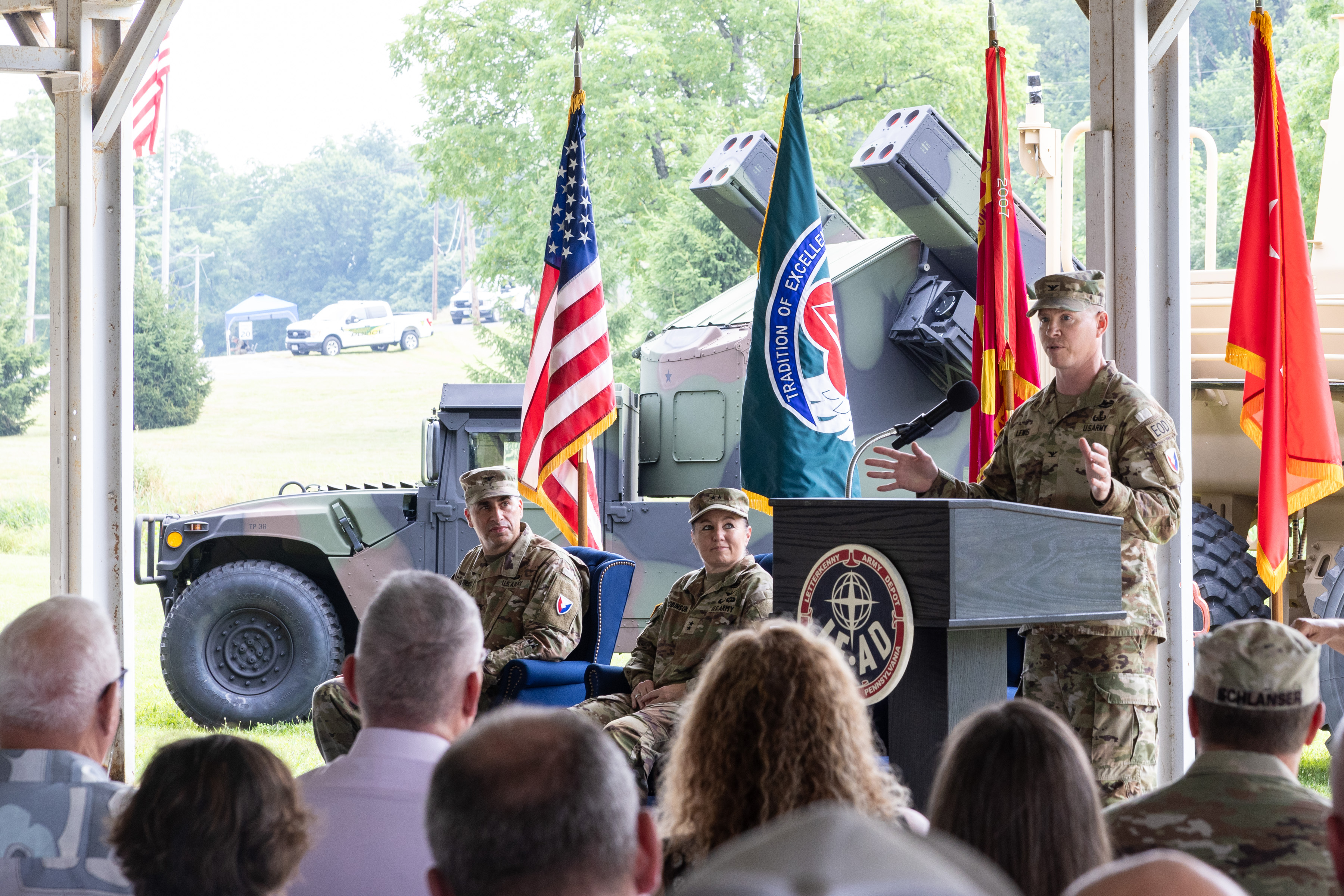 COL Caleb Lewis speaks during his Change of Command on July 10, 2025.